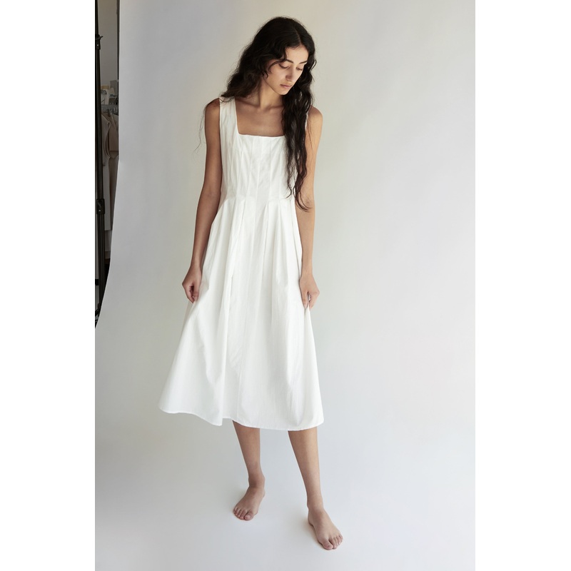 SQUARE NECK PLEATED DRESS White Small