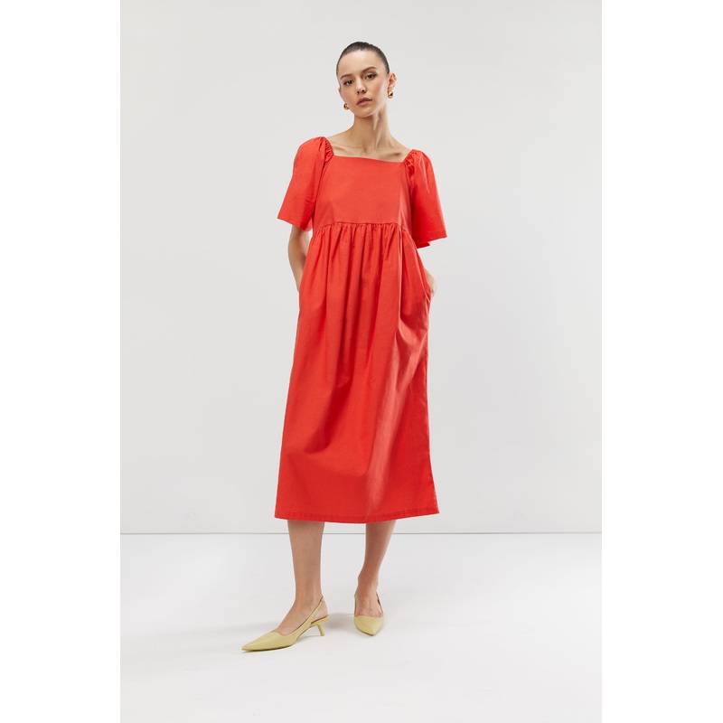 SQUARE NECK PUFF MIDI DRESS Orange Small