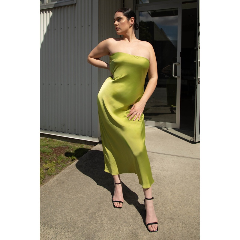 STRAPLESS SATIN DRESS PICKLED PEPPER Extra Small