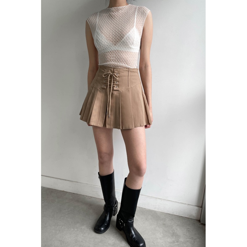 PLEATED TWILL MINI SKIRT Tan Extra Small