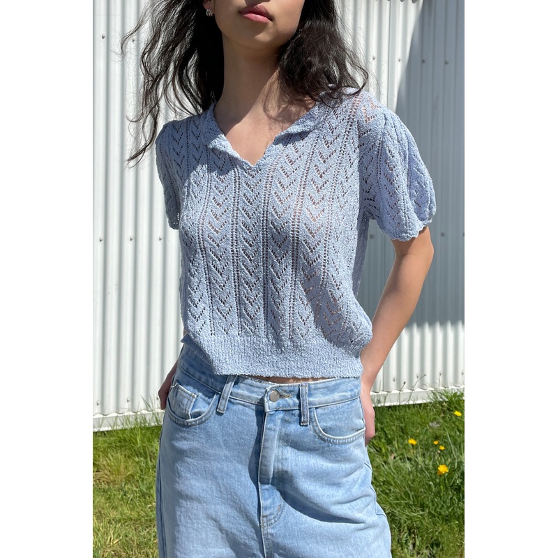 POINTELLE KNIT CROPPED TOP Blue Small