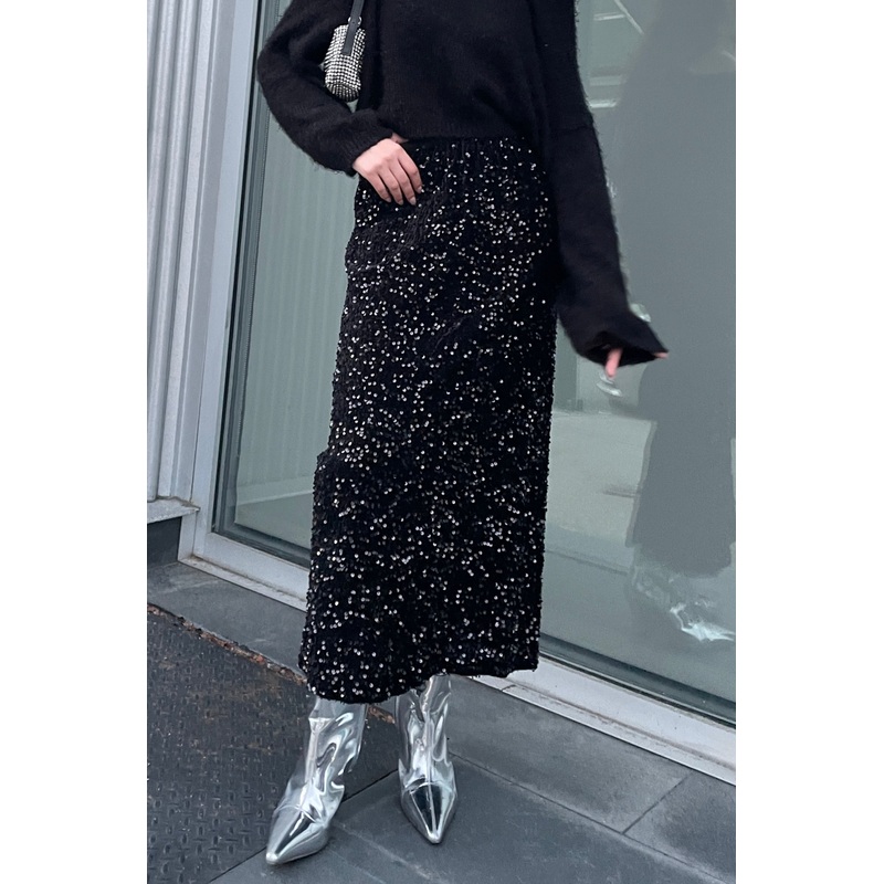 SEQUINED MIDI SKIRT Black Small