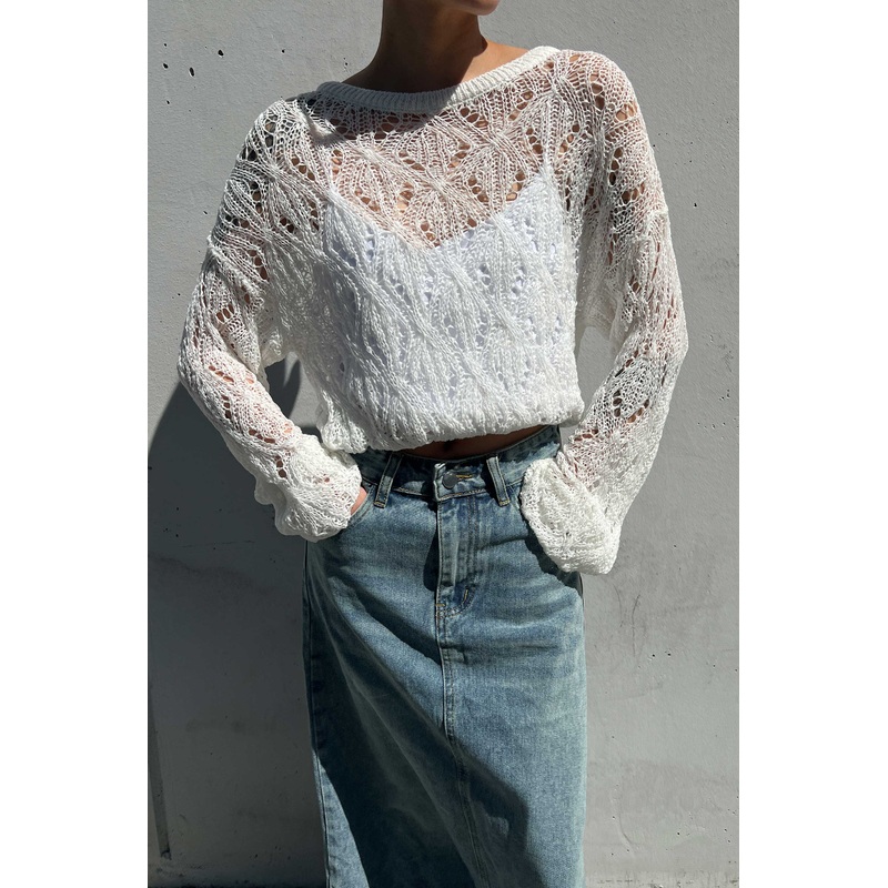PATTERNED CROCHET SWEATER White Small