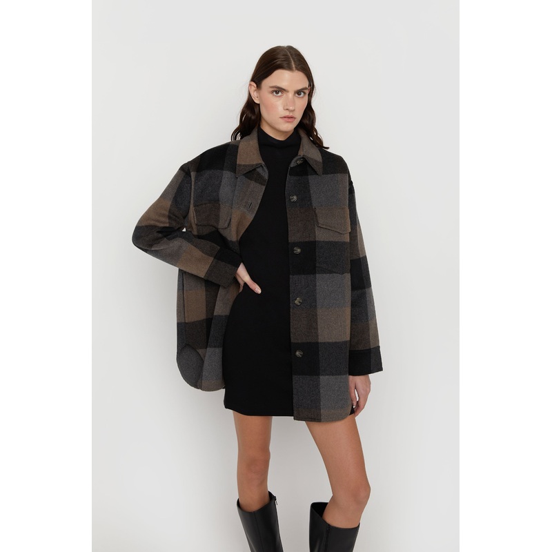 PLAID WOOL BLEND SHACKET Black Fudge Buffalo Check Extra Extra Small Extra Small