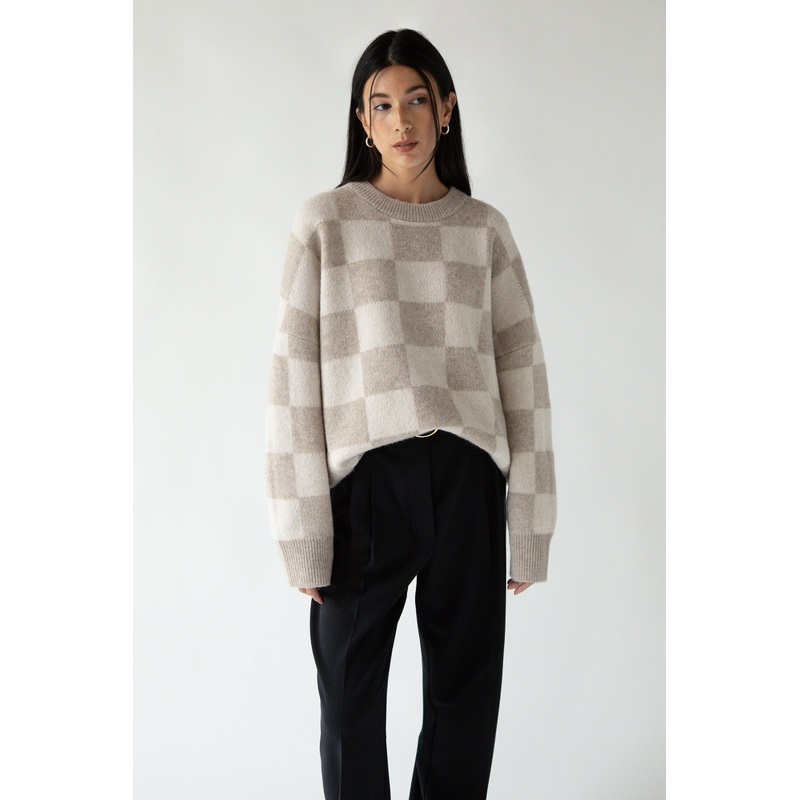 CHECKERED CREWNECK SWEATER Charcoal Oatmeal Double Extra Small